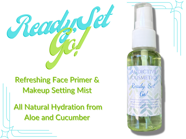 READY, SET GO! Refreshing Face Primer and Makeup Setting Spray. Infused with Aloe and Cucumber. As always, All Natural and Vegan Friendly.