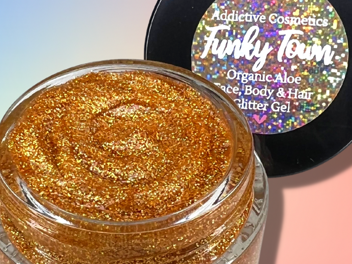 FUNKY TOWN Holographic Gold All Natural Glitter Gel- Aloe based, Vegan -  Addictive Cosmetics