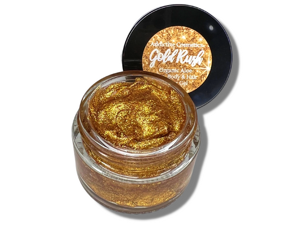 GOLD RUSH All Natural Aloe Glitter Gel for Eyes, Face, Hair and Body! Vegan and Cruelty Free. Made in the USA