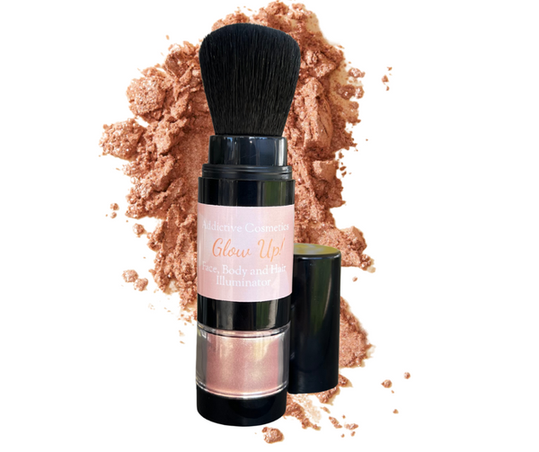 GLOW UP! Oil Free Mineral Shimmer Powder for Face, Body and Hair- Twist Up Brush- Highlighter and Bronzer- Vegan, Cruelty Free