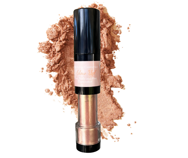 GLOW UP! Oil Free Mineral Shimmer Powder for Face, Body and Hair- Twist Up Brush- Highlighter and Bronzer- Vegan, Cruelty Free