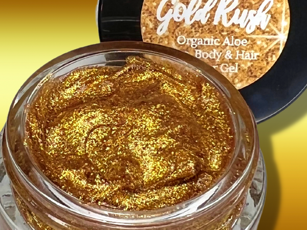 GOLD RUSH All Natural Aloe Glitter Gel for Eyes, Face, Hair and Body! Vegan and Cruelty Free. Made in the USA